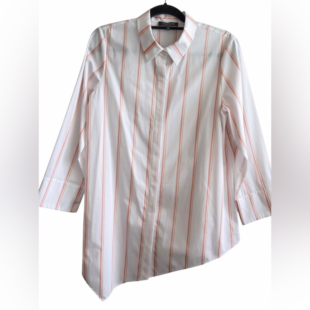 Lafayette 148 White Peach Striped Button Up Shirt Asymmetrical Hem Size M - Picture 13 of 16